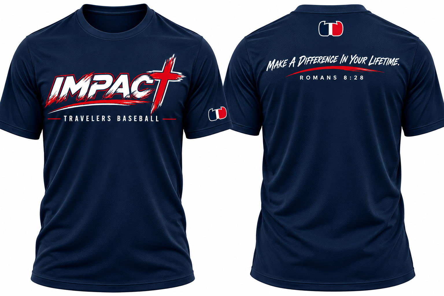 Navy Traveler Impact shirt showing front and back designs