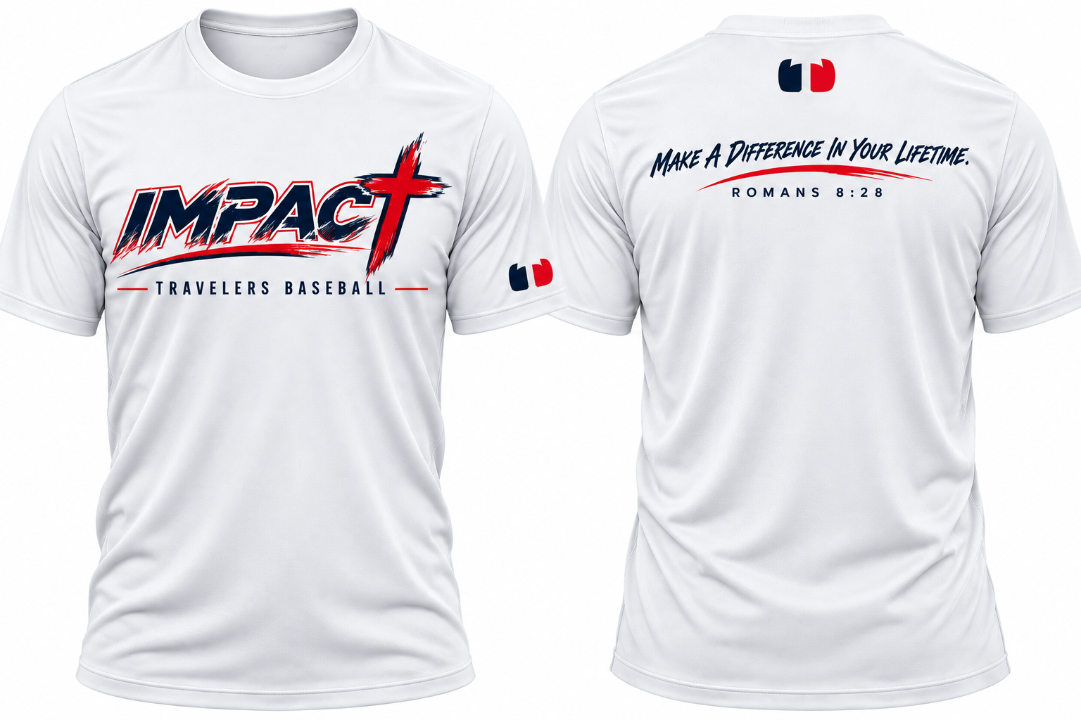 White Traveler Impact shirt showing front and back designs